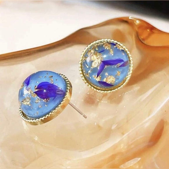 “Navy Calla Lily Petals” Blue Pressed Preserved Dried Flower Gold Flake Orb Stud - Picture 13 of 16